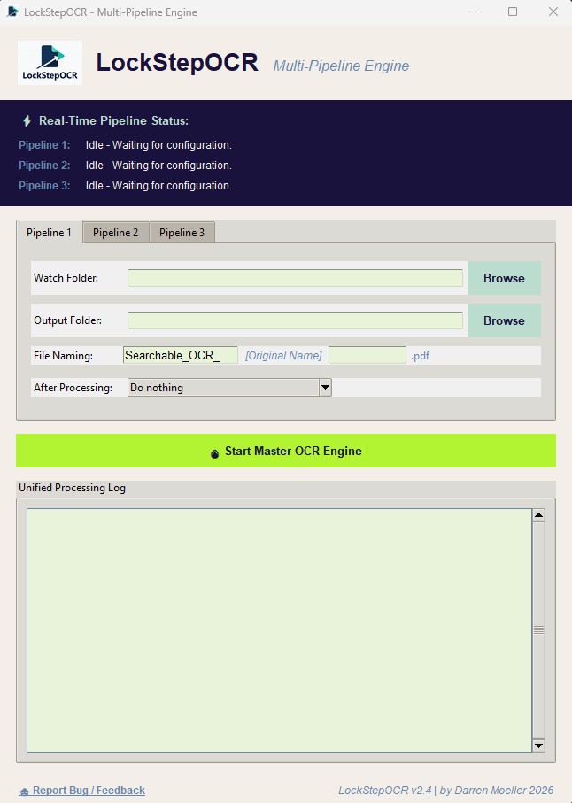 LockStepOCR v2.4 Multi-Pipeline Engine with three pipelines, watch folder, output folder, file naming, after processing, and Start Master OCR Engine